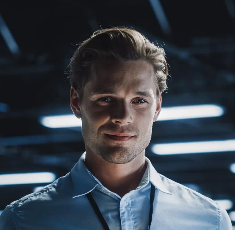 Portrait of handsome smiling it specialist using tablet computer in data center, looking at camera. succesful male e business engineer working in big server farm cloud computing facility.